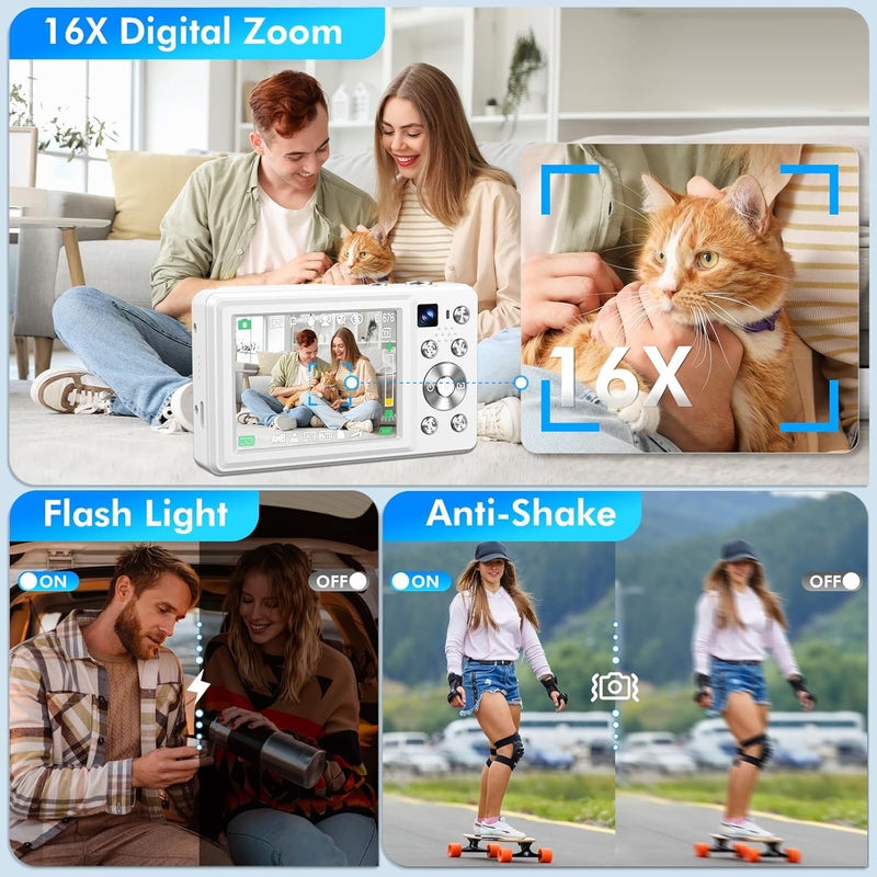 Froitx 4K Digital Camera, 64MP Autofocus Vlogging Camera with Dual Lens, 16X Digital Zoom YouTube Compact Travel Point Shoot Camera for Teens Beginner, Anti-Shake,2 Batteries, 32GB Card (White) - Image 5